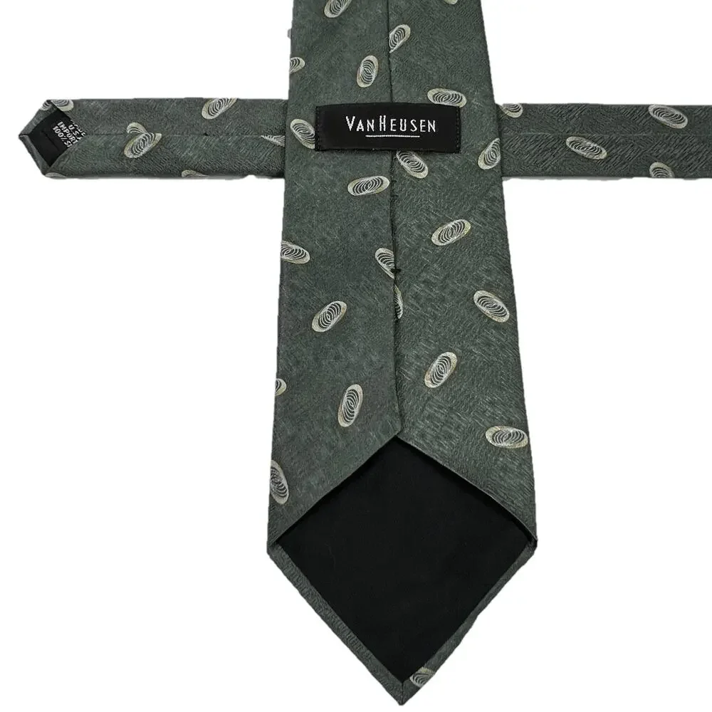 Van Heusen Green Silk Necktie Cream Geometric Accents Men’s 59